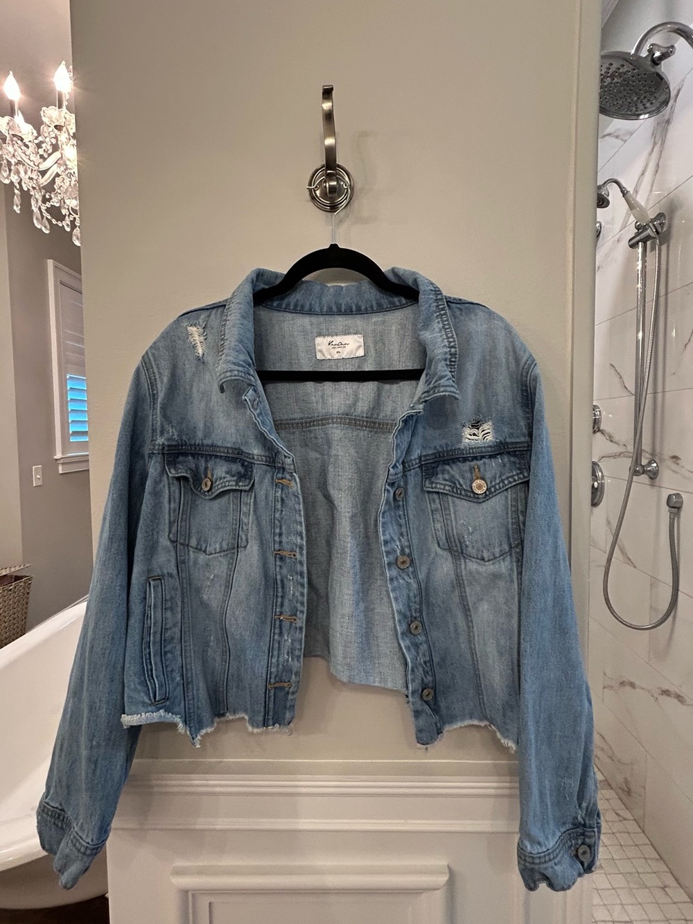 KanCan Light Blue Distressed Cropped Denim Jacket